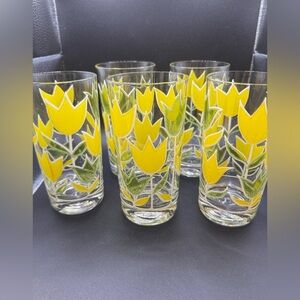 5 VINTAGE CULVER YELLOW & GREEN TULIP GLASSES Tumblers 1970’s 7"T